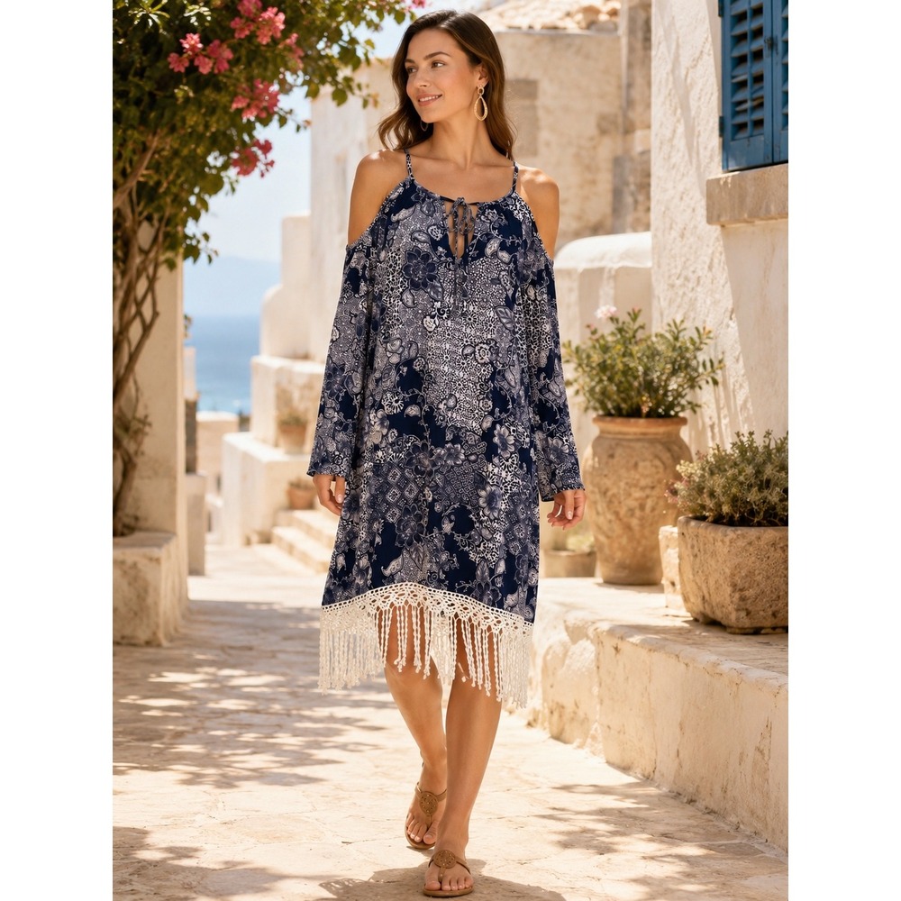 NWT Boston Proper Pastiche Cold Shoulder Dress Navy Paisley Fringe‎ Boho Small